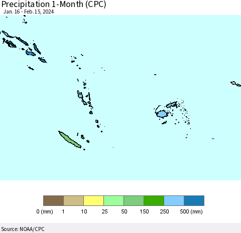 Fiji, Samoa, Solomon Isl. and Vanuatu Precipitation 1-Month (CPC) Thematic Map For 1/16/2024 - 2/15/2024