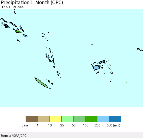 Fiji, Samoa, Solomon Isl. and Vanuatu Precipitation 1-Month (CPC) Thematic Map For 2/1/2024 - 2/29/2024