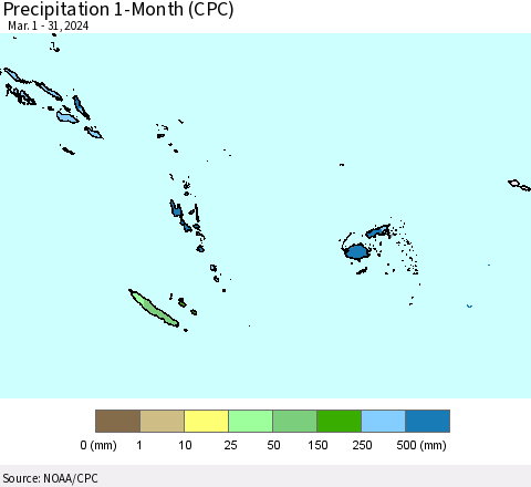 Fiji, Samoa, Solomon Isl. and Vanuatu Precipitation 1-Month (CPC) Thematic Map For 3/1/2024 - 3/31/2024