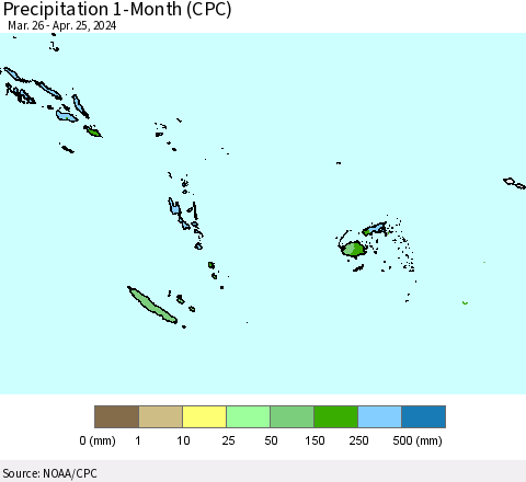 Fiji, Samoa, Solomon Isl. and Vanuatu Precipitation 1-Month (CPC) Thematic Map For 3/26/2024 - 4/25/2024