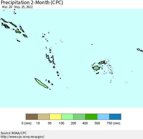 Fiji, Samoa, Solomon Isl. and Vanuatu Precipitation 2-Month (CPC) Thematic Map For 3/26/2022 - 5/25/2022