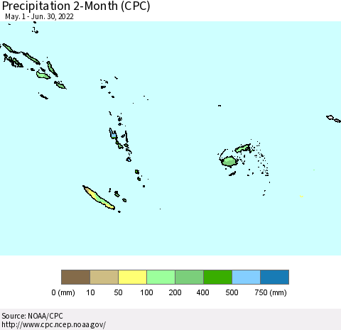 Fiji, Samoa, Solomon Isl. and Vanuatu Precipitation 2-Month (CPC) Thematic Map For 5/1/2022 - 6/30/2022