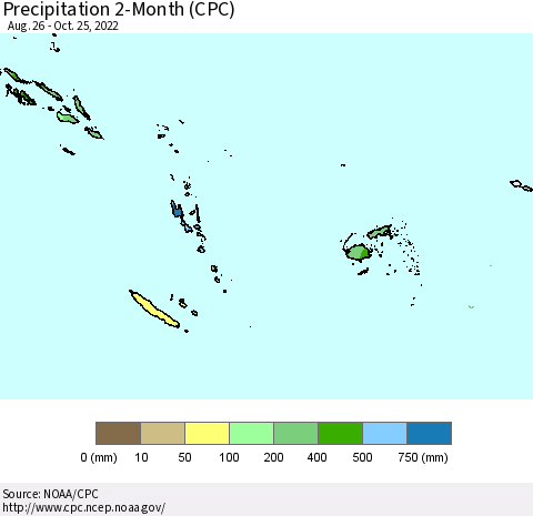 Fiji, Samoa, Solomon Isl. and Vanuatu Precipitation 2-Month (CPC) Thematic Map For 8/26/2022 - 10/25/2022