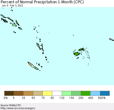 Fiji, Samoa, Solomon Isl. and Vanuatu Percent of Normal Precipitation 1-Month (CPC) Thematic Map For 1/6/2022 - 2/5/2022