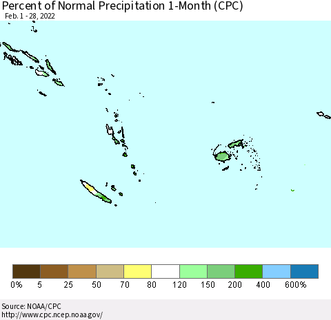 Fiji, Samoa, Solomon Isl. and Vanuatu Percent of Normal Precipitation 1-Month (CPC) Thematic Map For 2/1/2022 - 2/28/2022