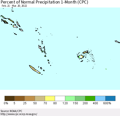 Fiji, Samoa, Solomon Isl. and Vanuatu Percent of Normal Precipitation 1-Month (CPC) Thematic Map For 2/21/2022 - 3/20/2022