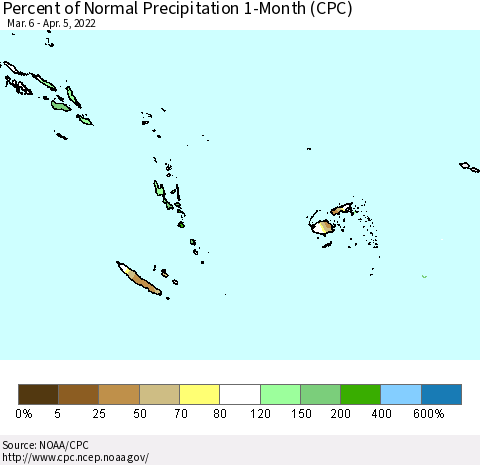 Fiji, Samoa, Solomon Isl. and Vanuatu Percent of Normal Precipitation 1-Month (CPC) Thematic Map For 3/6/2022 - 4/5/2022
