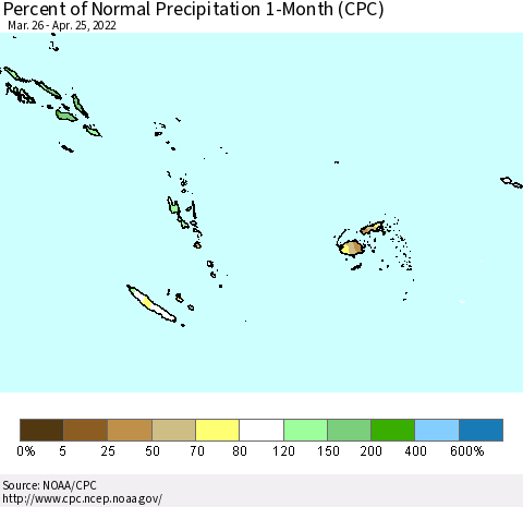 Fiji, Samoa, Solomon Isl. and Vanuatu Percent of Normal Precipitation 1-Month (CPC) Thematic Map For 3/26/2022 - 4/25/2022
