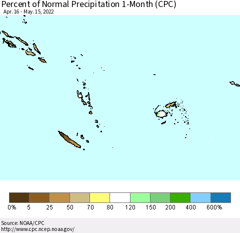 Fiji, Samoa, Solomon Isl. and Vanuatu Percent of Normal Precipitation 1-Month (CPC) Thematic Map For 4/16/2022 - 5/15/2022