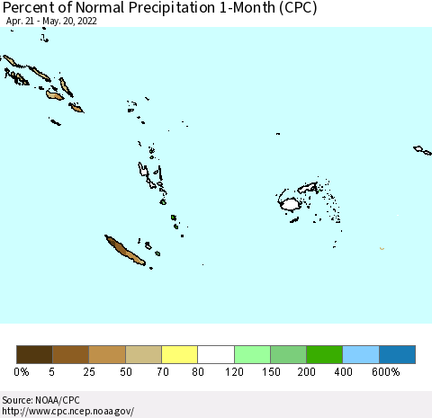 Fiji, Samoa, Solomon Isl. and Vanuatu Percent of Normal Precipitation 1-Month (CPC) Thematic Map For 4/21/2022 - 5/20/2022
