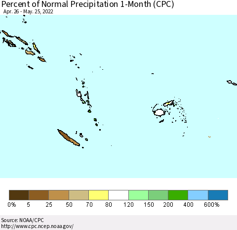Fiji, Samoa, Solomon Isl. and Vanuatu Percent of Normal Precipitation 1-Month (CPC) Thematic Map For 4/26/2022 - 5/25/2022