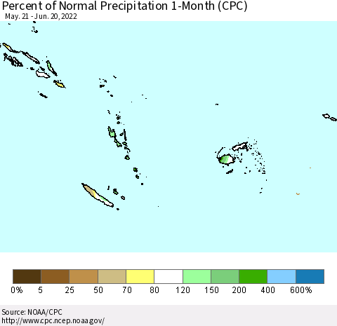 Fiji, Samoa, Solomon Isl. and Vanuatu Percent of Normal Precipitation 1-Month (CPC) Thematic Map For 5/21/2022 - 6/20/2022