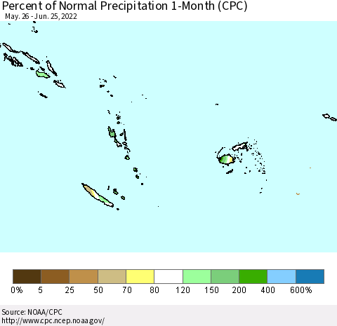 Fiji, Samoa, Solomon Isl. and Vanuatu Percent of Normal Precipitation 1-Month (CPC) Thematic Map For 5/26/2022 - 6/25/2022