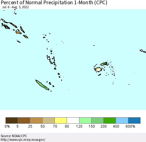 Fiji, Samoa, Solomon Isl. and Vanuatu Percent of Normal Precipitation 1-Month (CPC) Thematic Map For 7/6/2022 - 8/5/2022