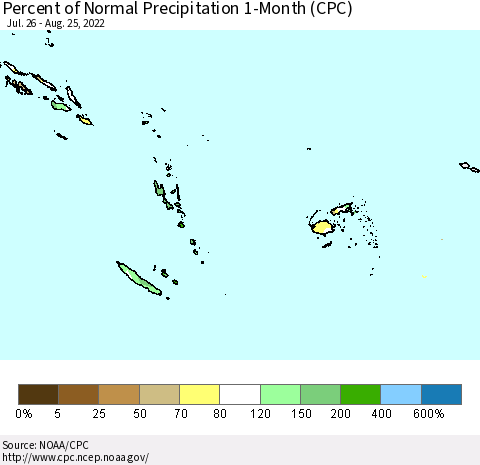 Fiji, Samoa, Solomon Isl. and Vanuatu Percent of Normal Precipitation 1-Month (CPC) Thematic Map For 7/26/2022 - 8/25/2022