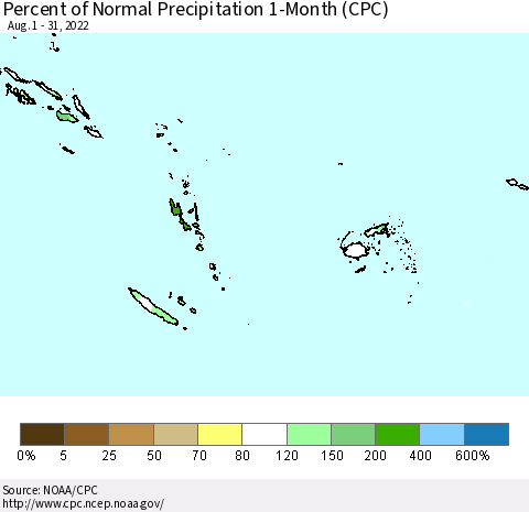 Fiji, Samoa, Solomon Isl. and Vanuatu Percent of Normal Precipitation 1-Month (CPC) Thematic Map For 8/1/2022 - 8/31/2022