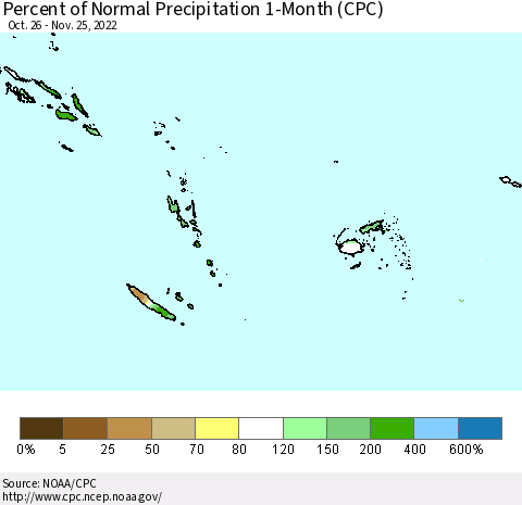 Fiji, Samoa, Solomon Isl. and Vanuatu Percent of Normal Precipitation 1-Month (CPC) Thematic Map For 10/26/2022 - 11/25/2022