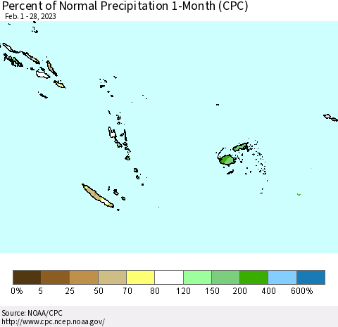 Fiji, Samoa, Solomon Isl. and Vanuatu Percent of Normal Precipitation 1-Month (CPC) Thematic Map For 2/1/2023 - 2/28/2023