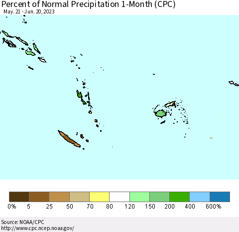Fiji, Samoa, Solomon Isl. and Vanuatu Percent of Normal Precipitation 1-Month (CPC) Thematic Map For 5/21/2023 - 6/20/2023