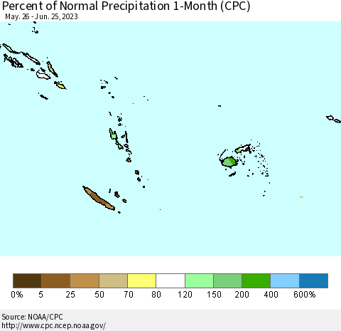 Fiji, Samoa, Solomon Isl. and Vanuatu Percent of Normal Precipitation 1-Month (CPC) Thematic Map For 5/26/2023 - 6/25/2023