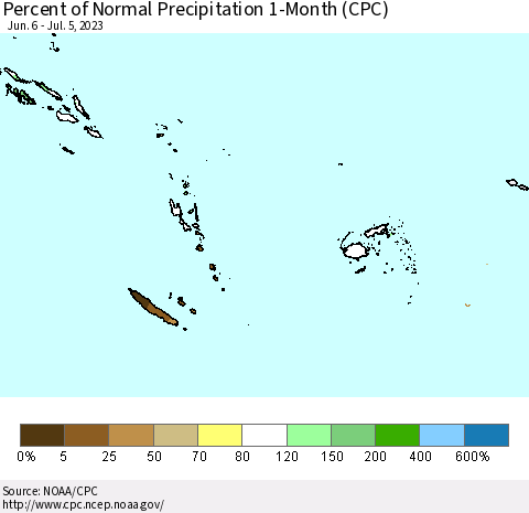 Fiji, Samoa, Solomon Isl. and Vanuatu Percent of Normal Precipitation 1-Month (CPC) Thematic Map For 6/6/2023 - 7/5/2023