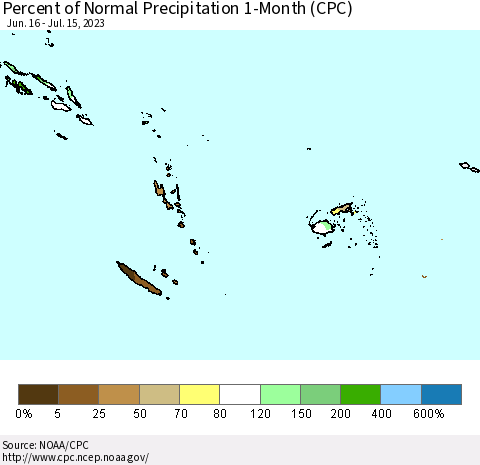 Fiji, Samoa, Solomon Isl. and Vanuatu Percent of Normal Precipitation 1-Month (CPC) Thematic Map For 6/16/2023 - 7/15/2023