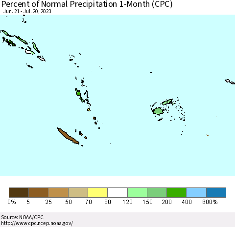 Fiji, Samoa, Solomon Isl. and Vanuatu Percent of Normal Precipitation 1-Month (CPC) Thematic Map For 6/21/2023 - 7/20/2023