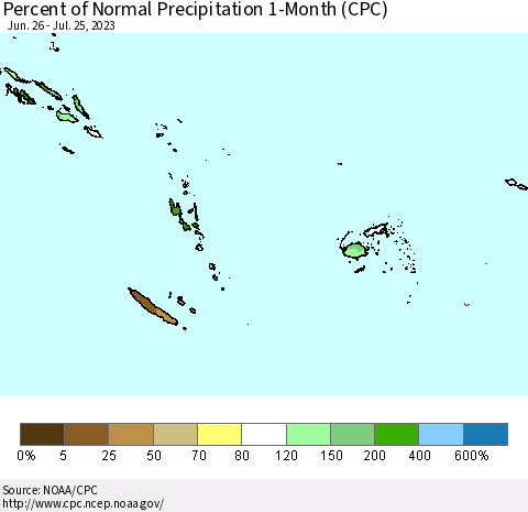 Fiji, Samoa, Solomon Isl. and Vanuatu Percent of Normal Precipitation 1-Month (CPC) Thematic Map For 6/26/2023 - 7/25/2023