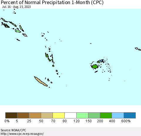 Fiji, Samoa, Solomon Isl. and Vanuatu Percent of Normal Precipitation 1-Month (CPC) Thematic Map For 7/16/2023 - 8/15/2023