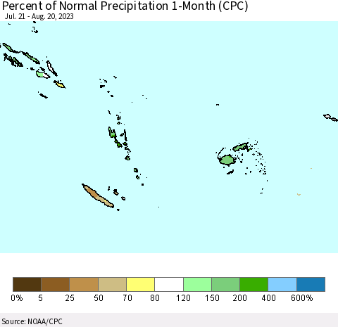 Fiji, Samoa, Solomon Isl. and Vanuatu Percent of Normal Precipitation 1-Month (CPC) Thematic Map For 7/21/2023 - 8/20/2023
