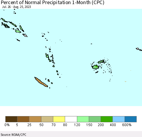 Fiji, Samoa, Solomon Isl. and Vanuatu Percent of Normal Precipitation 1-Month (CPC) Thematic Map For 7/26/2023 - 8/25/2023