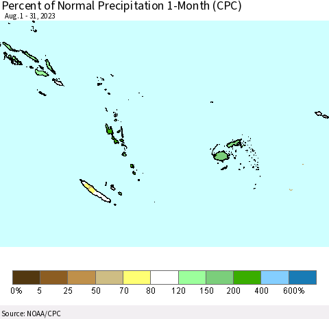 Fiji, Samoa, Solomon Isl. and Vanuatu Percent of Normal Precipitation 1-Month (CPC) Thematic Map For 8/1/2023 - 8/31/2023