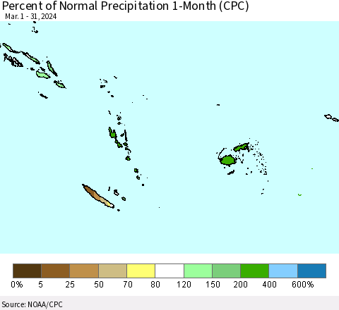 Fiji, Samoa, Solomon Isl. and Vanuatu Percent of Normal Precipitation 1-Month (CPC) Thematic Map For 3/1/2024 - 3/31/2024