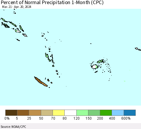 Fiji, Samoa, Solomon Isl. and Vanuatu Percent of Normal Precipitation 1-Month (CPC) Thematic Map For 3/21/2024 - 4/20/2024