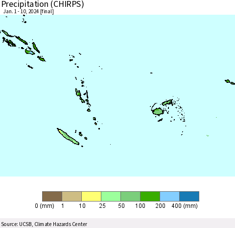 Fiji, Samoa, Solomon Isl. and Vanuatu Precipitation (CHIRPS) Thematic Map For 1/1/2024 - 1/10/2024