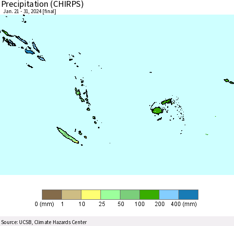 Fiji, Samoa, Solomon Isl. and Vanuatu Precipitation (CHIRPS) Thematic Map For 1/21/2024 - 1/31/2024