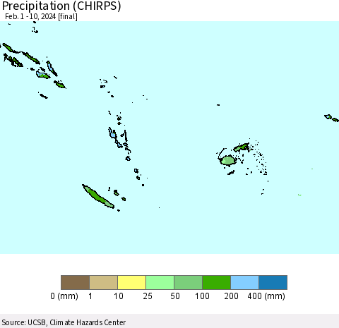 Fiji, Samoa, Solomon Isl. and Vanuatu Precipitation (CHIRPS) Thematic Map For 2/1/2024 - 2/10/2024