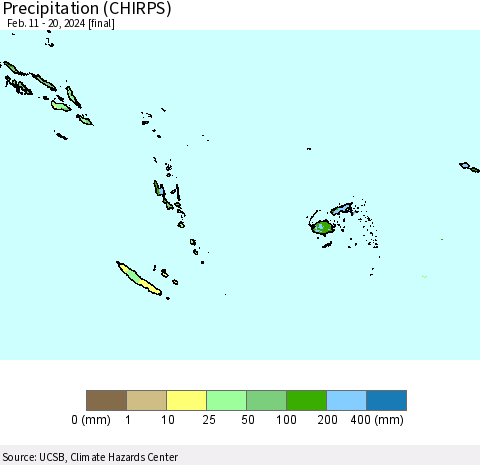Fiji, Samoa, Solomon Isl. and Vanuatu Precipitation (CHIRPS) Thematic Map For 2/11/2024 - 2/20/2024