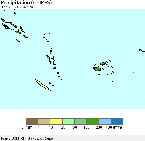 Fiji, Samoa, Solomon Isl. and Vanuatu Precipitation (CHIRPS) Thematic Map For 2/21/2024 - 2/29/2024