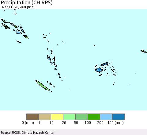 Fiji, Samoa, Solomon Isl. and Vanuatu Precipitation (CHIRPS) Thematic Map For 3/11/2024 - 3/20/2024