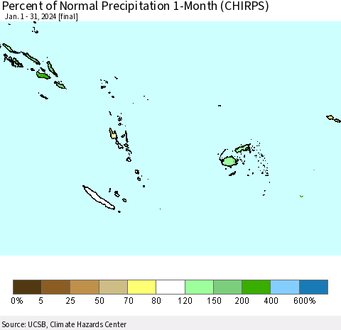 Fiji, Samoa, Solomon Isl. and Vanuatu Percent of Normal Precipitation 1-Month (CHIRPS) Thematic Map For 1/1/2024 - 1/31/2024