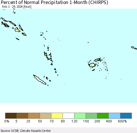 Fiji, Samoa, Solomon Isl. and Vanuatu Percent of Normal Precipitation 1-Month (CHIRPS) Thematic Map For 2/1/2024 - 2/29/2024