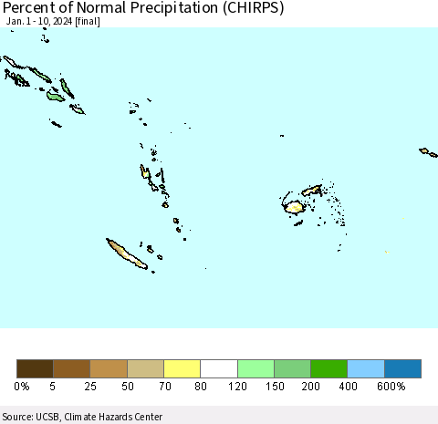 Fiji, Samoa, Solomon Isl. and Vanuatu Percent of Normal Precipitation (CHIRPS) Thematic Map For 1/1/2024 - 1/10/2024