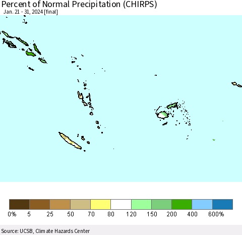 Fiji, Samoa, Solomon Isl. and Vanuatu Percent of Normal Precipitation (CHIRPS) Thematic Map For 1/21/2024 - 1/31/2024