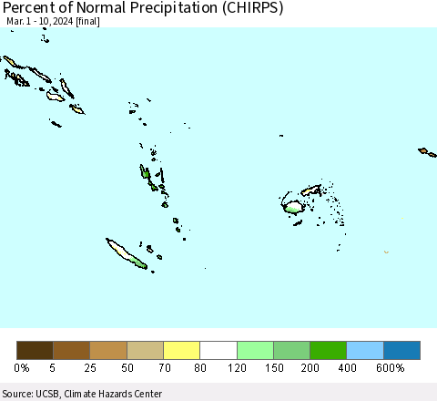 Fiji, Samoa, Solomon Isl. and Vanuatu Percent of Normal Precipitation (CHIRPS) Thematic Map For 3/1/2024 - 3/10/2024