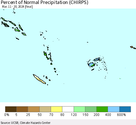Fiji, Samoa, Solomon Isl. and Vanuatu Percent of Normal Precipitation (CHIRPS) Thematic Map For 3/11/2024 - 3/20/2024
