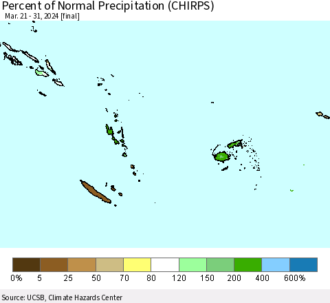 Fiji, Samoa, Solomon Isl. and Vanuatu Percent of Normal Precipitation (CHIRPS) Thematic Map For 3/21/2024 - 3/31/2024