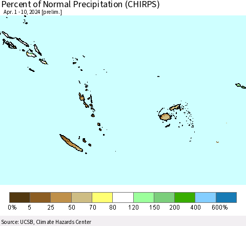 Fiji, Samoa, Solomon Isl. and Vanuatu Percent of Normal Precipitation (CHIRPS) Thematic Map For 4/1/2024 - 4/10/2024