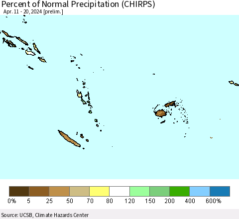 Fiji, Samoa, Solomon Isl. and Vanuatu Percent of Normal Precipitation (CHIRPS) Thematic Map For 4/11/2024 - 4/20/2024