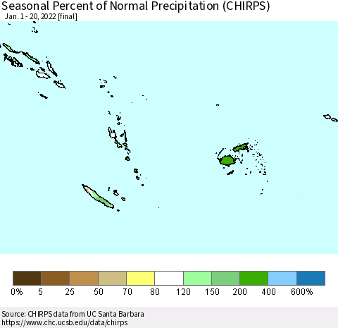 Fiji, Samoa, Solomon Isl. and Vanuatu Seasonal Percent of Normal Precipitation (CHIRPS) Thematic Map For 1/1/2022 - 1/20/2022